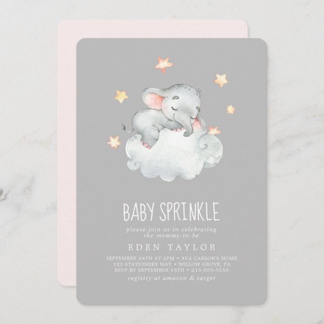 Sleeping Little Elephant Girl | Gray Baby Sprinkle Invitation (Front/Back)