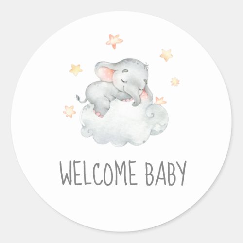 Sleeping Little Elephant Girl Welcome Baby Shower Classic Round Sticker