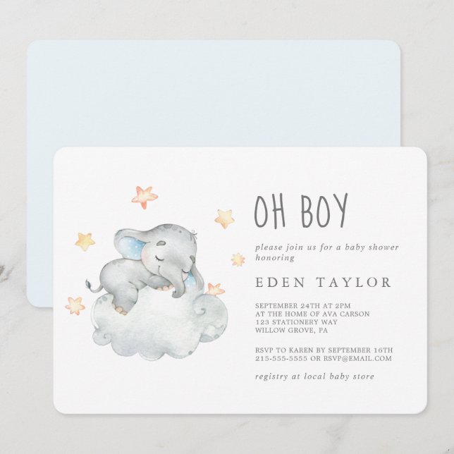 Sleeping Little Elephant Oh Boy Baby Shower Invitation (Front/Back)