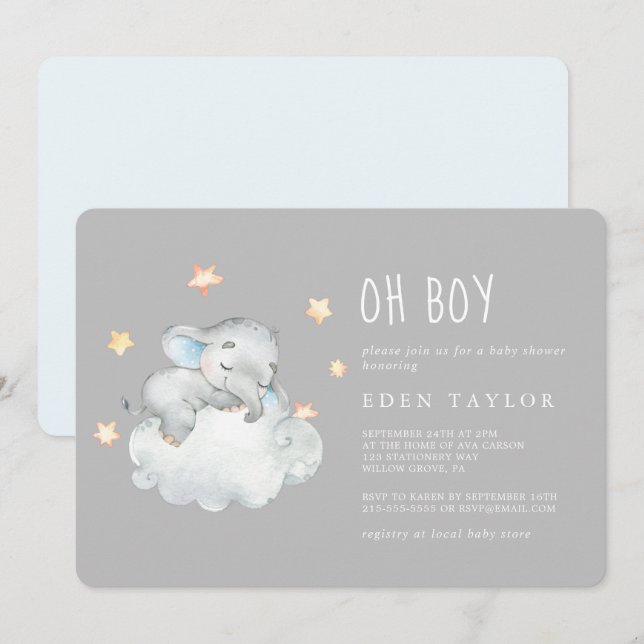 Sleeping Little Elephant Oh Boy | Gray Baby Shower Invitation (Front/Back)