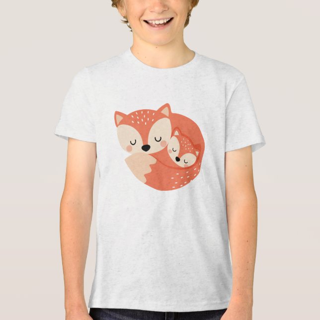 Sleeping Mama Fox with Baby Cub Illustration Tri-Blend Shirt (Front)