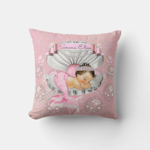 Sleeping Mermaid Baby Girl Pink Nursery Throw Pillow