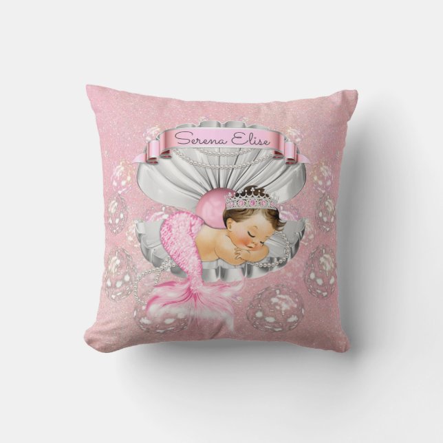 Sleeping Mermaid Baby Girl Pink Nursery Throw Pillow (Front)