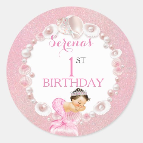 Sleeping Mermaid Baby Girl Pink Shell Pearls Classic Round Sticker