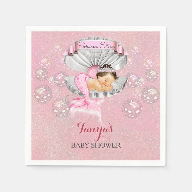 Sleeping Mermaid Baby Girl Pink Shell Pearls Napkins (Front)