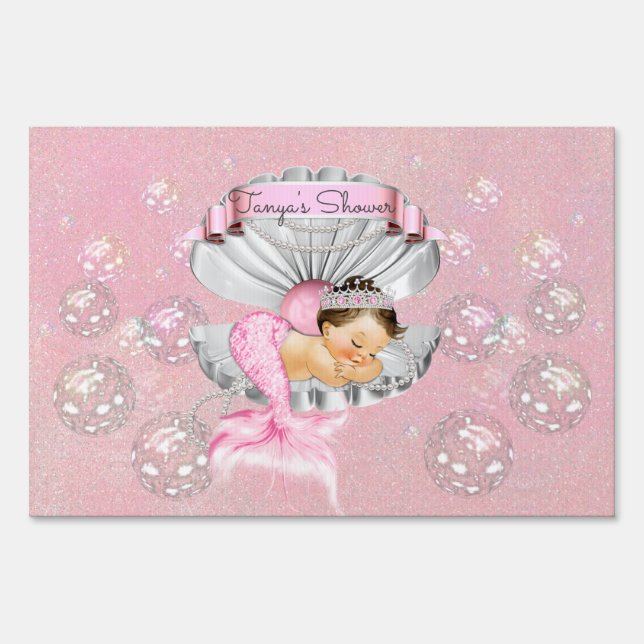 Sleeping Mermaid Baby Girl Pink Shell Pearls Sign (Front)