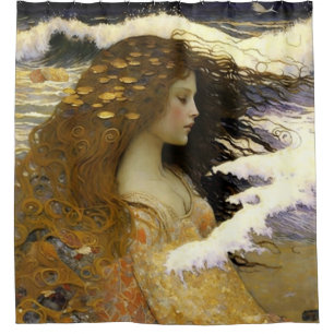 Sleeping Mermaid Dreaming of Golden Sea Shells Shower Curtain