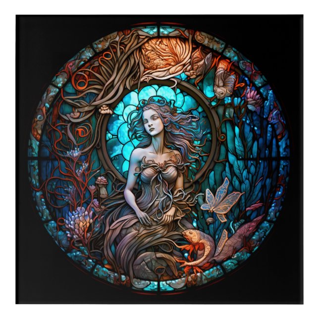 Sleeping Mermaid Stained Glass Neon Art (Front)