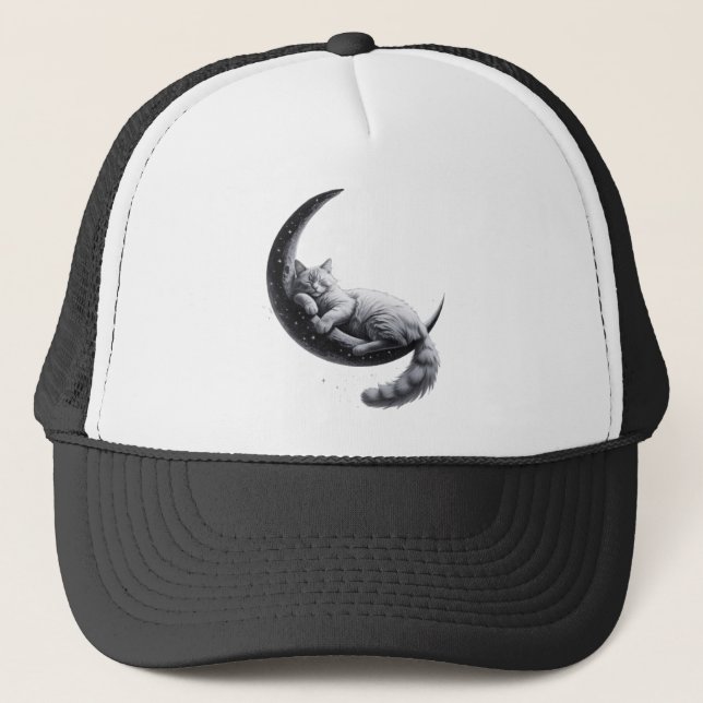 Sleeping Moon Cat – Dreamy Aesthetic Art Trucker Hat (Front)