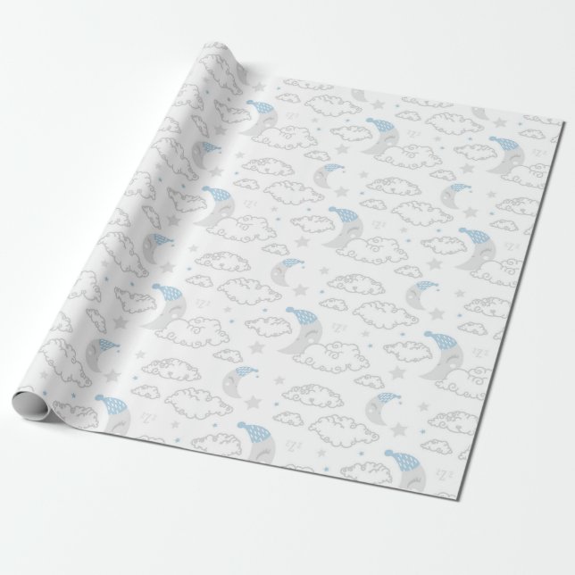 Sleeping Moon & Clouds Baby Shower Patterns Wrapping Paper (Unrolled)