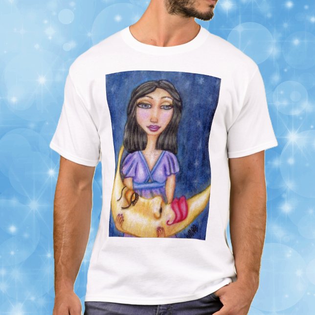 Sleeping Moon Night Shirt (Women in purple dress night sky stars holding sleeping yellow crescent moon on tee shirt.)