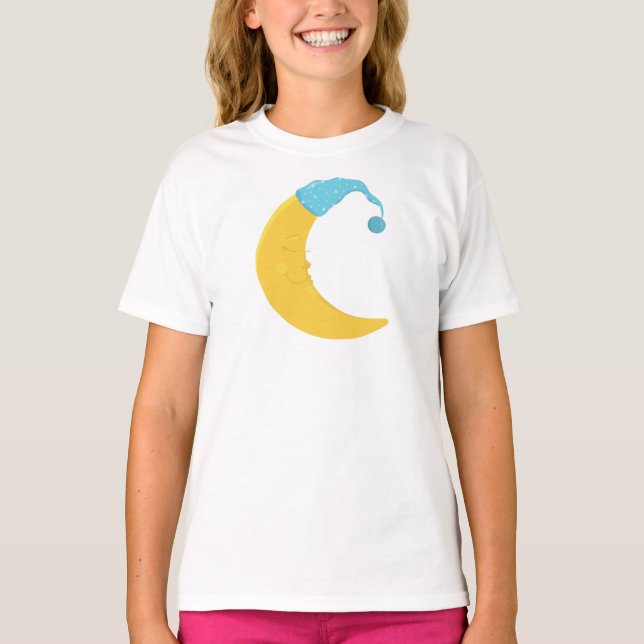 Sleeping Moon, Yellow Moon, Cute Moon, Nightcap T-Shirt (Front)