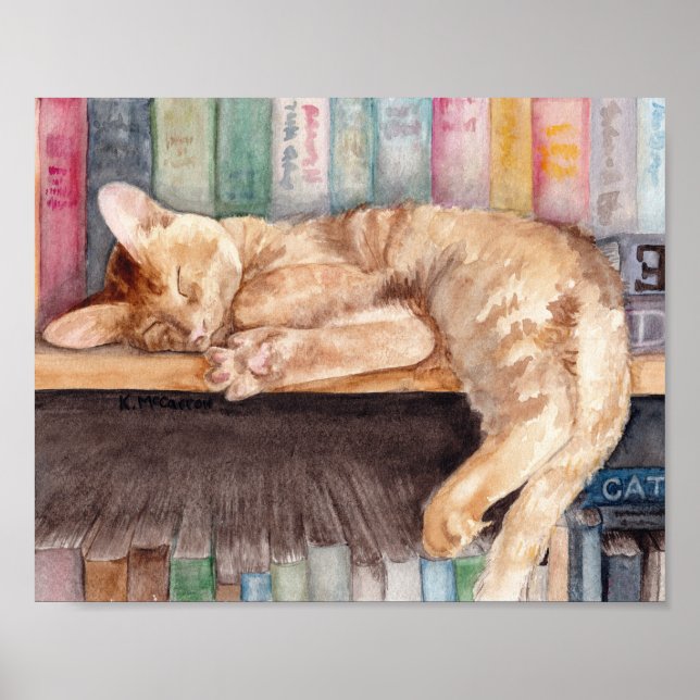 Sleeping Orange Tabby on a Shelf Watercolor Print (Front)