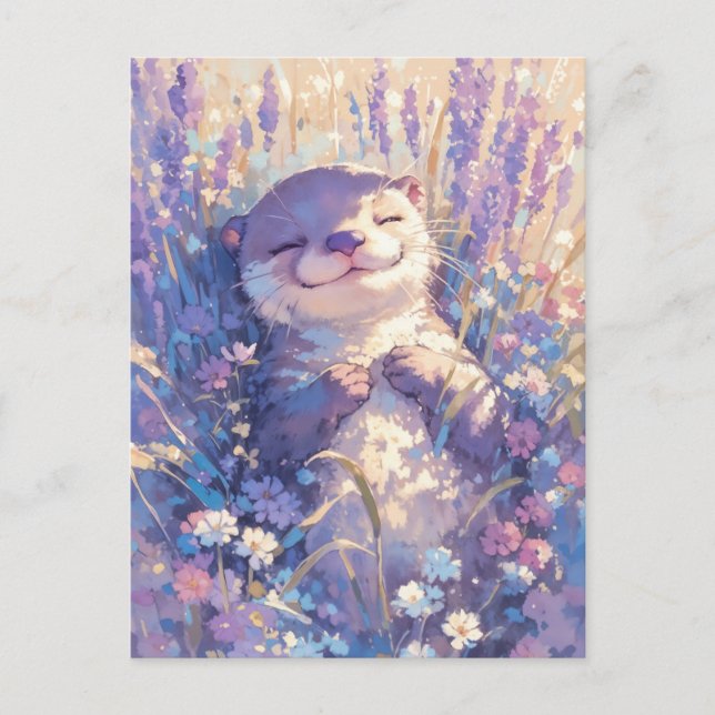 Sleeping Otter in Purple Lavender Field Postcard (Front)