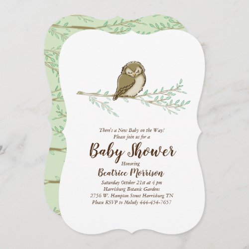 Sleeping Owl Baby Shower Woodland Bird Invitation