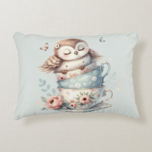 Sleeping Owl in Stacked Floral Teacups Accent Pillow