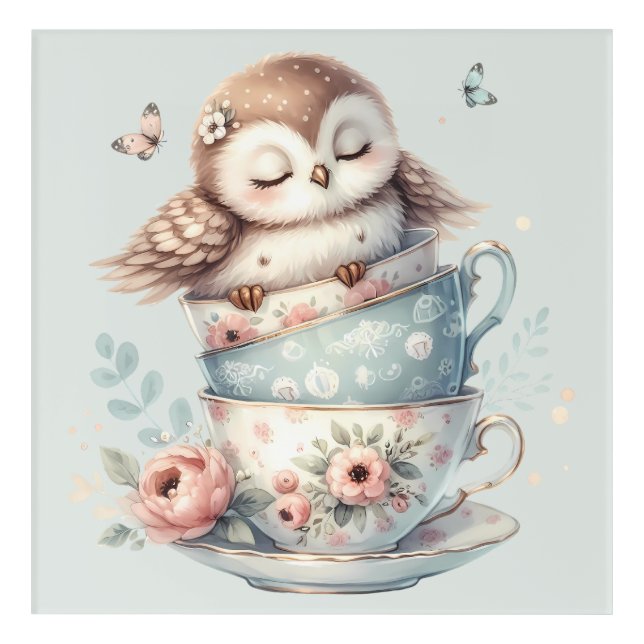 Sleeping Owl in Stacked Floral Teacups Acrylic Print (Front)