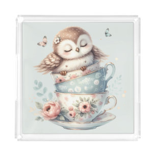 Sleeping Owl in Stacked Floral Teacups Acrylic Tray