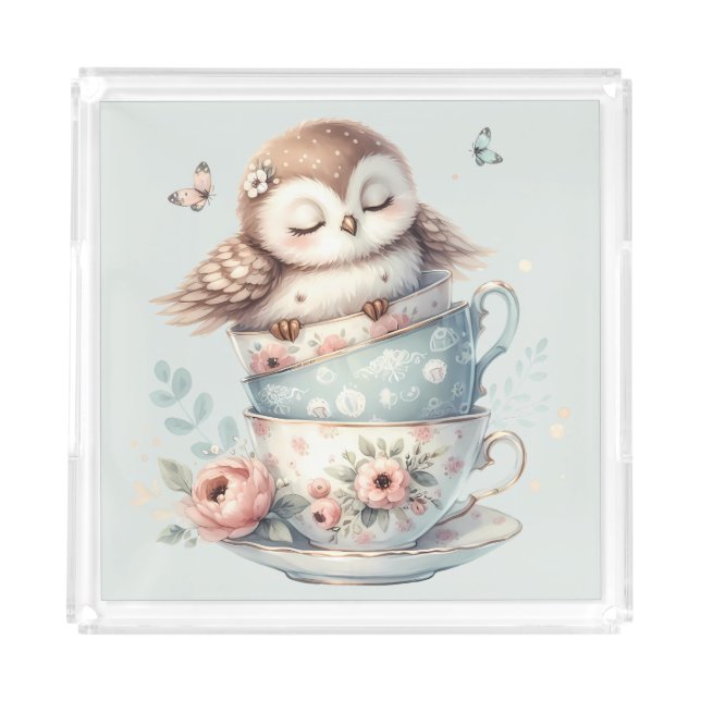 Sleeping Owl in Stacked Floral Teacups Acrylic Tray (Front)