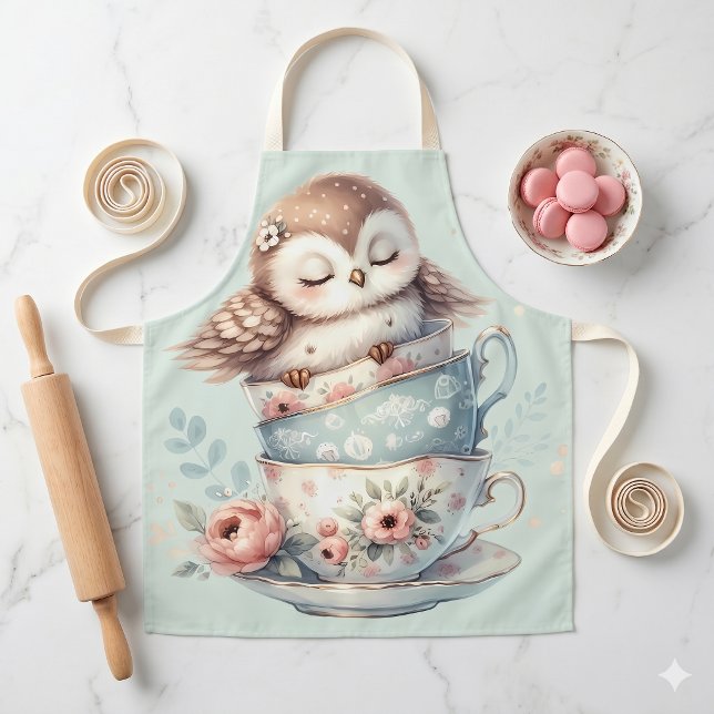 Sleeping Owl in Stacked Floral Teacups Apron (Sleeping Owl in Stacked Floral Teacups Apron)