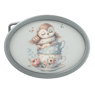 Sleeping Owl in Stacked Floral Teacups Belt Buckle