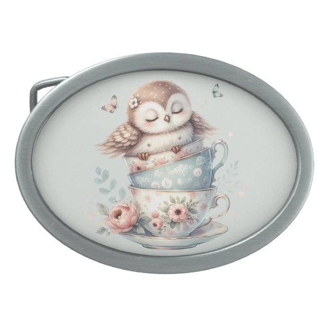 Sleeping Owl in Stacked Floral Teacups Belt Buckle (Front)