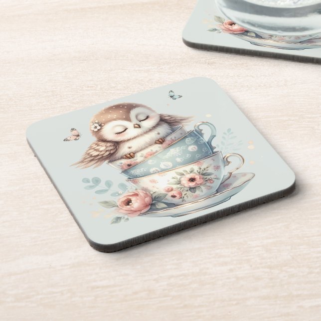 Sleeping Owl in Stacked Floral Teacups Beverage Coaster (Left Side)