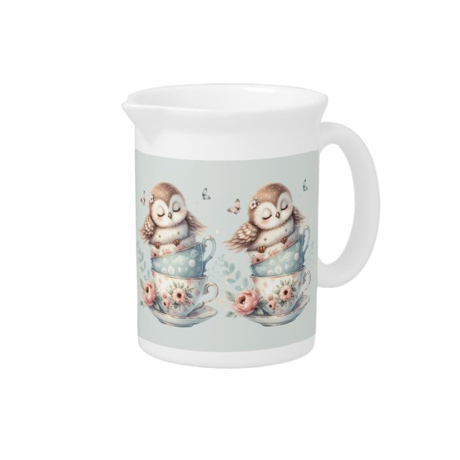 Sleeping Owl in Stacked Floral Teacups Beverage Pitcher (Right)