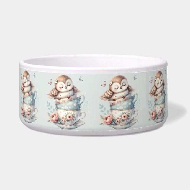 Sleeping Owl in Stacked Floral Teacups Bowl (Front)