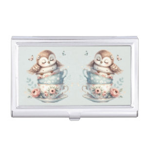 Sleeping Owl in Stacked Floral Teacups Business Card Case