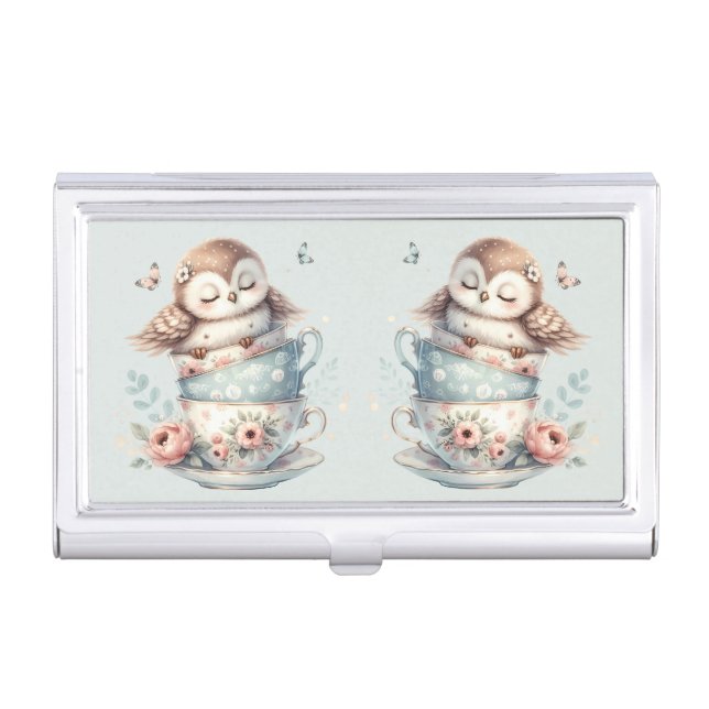 Sleeping Owl in Stacked Floral Teacups Business Card Case (Front)