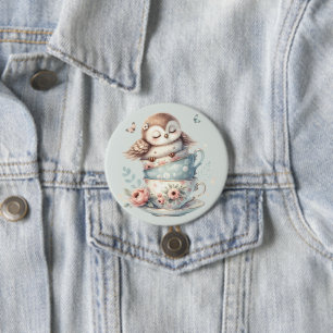 Sleeping Owl in Stacked Floral Teacups Button
