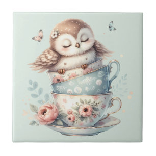 Sleeping Owl in Stacked Floral Teacups Ceramic Tile