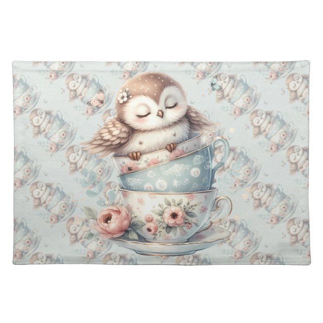 Sleeping Owl in Stacked Floral Teacups Cloth Placemat (Front)