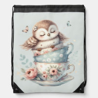 Sleeping Owl in Stacked Floral Teacups