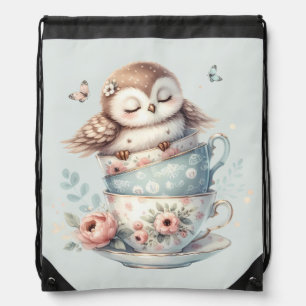 Sleeping Owl in Stacked Floral Teacups Drawstring Bag