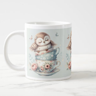 Sleeping Owl in Stacked Floral Teacups Giant Coffee Mug