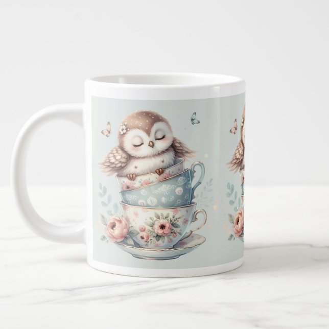 Sleeping Owl in Stacked Floral Teacups Giant Coffee Mug (Left)