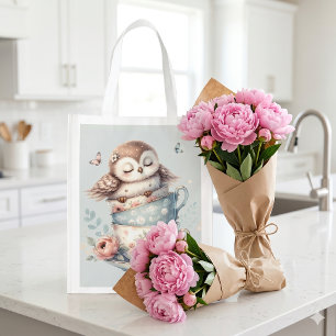 Sleeping Owl in Stacked Floral Teacups Grocery Bag