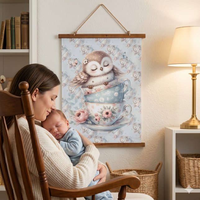 Sleeping Owl in Stacked Floral Teacups Hanging Tapestry (Sleeping Owl in Stacked Floral Teacups Hanging Tapestry)