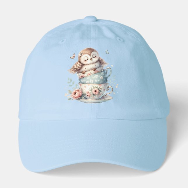 Sleeping Owl in Stacked Floral Teacups Hat (Front)