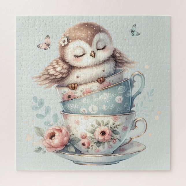 Sleeping Owl in Stacked Floral Teacups Jigsaw Puzzle (Vertical)