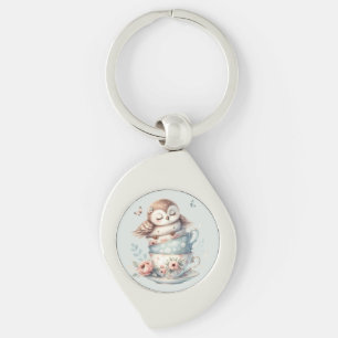 Sleeping Owl in Stacked Floral Teacups Keychain