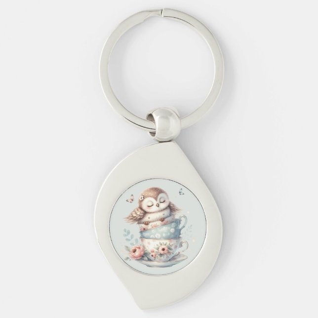Sleeping Owl in Stacked Floral Teacups Keychain (Front)