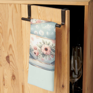 Sleeping Owl in Stacked Floral Teacups Kitchen Towel