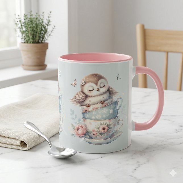 Sleeping Owl in Stacked Floral Teacups Mug (Sleeping Owl in Stacked Floral Teacups Mug)