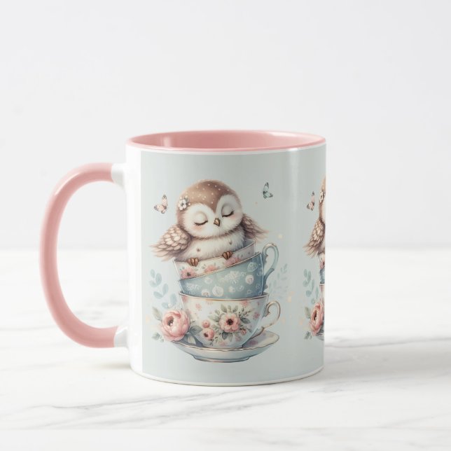Sleeping Owl in Stacked Floral Teacups Mug (Left)