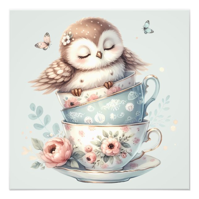 Sleeping Owl in Stacked Floral Teacups Photo Print (Front)