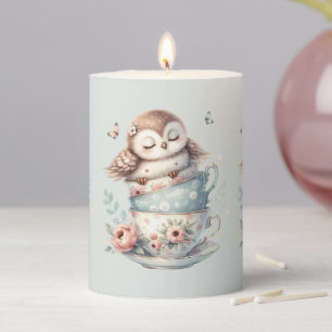 Sleeping Owl in Stacked Floral Teacups Pillar Candle