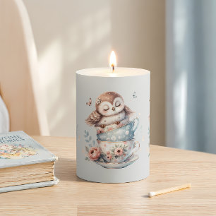 Sleeping Owl in Stacked Floral Teacups Pillar Candle